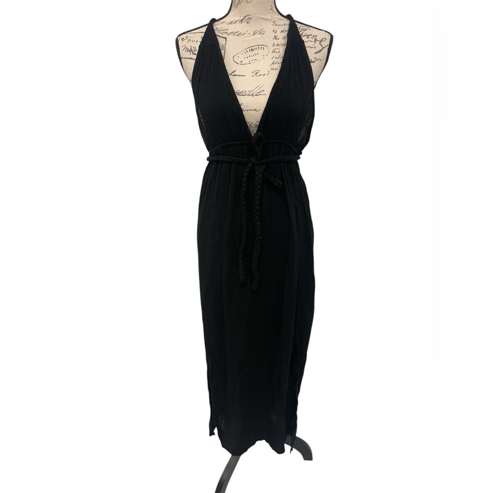 Black Sleeveless Plunge Tulum Dress 100% Cotton EUC